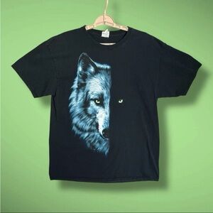 Vtg Wolf T Shirt Men Sz L Black Two Face White Blue Green Glowing Eyes Tribal EC